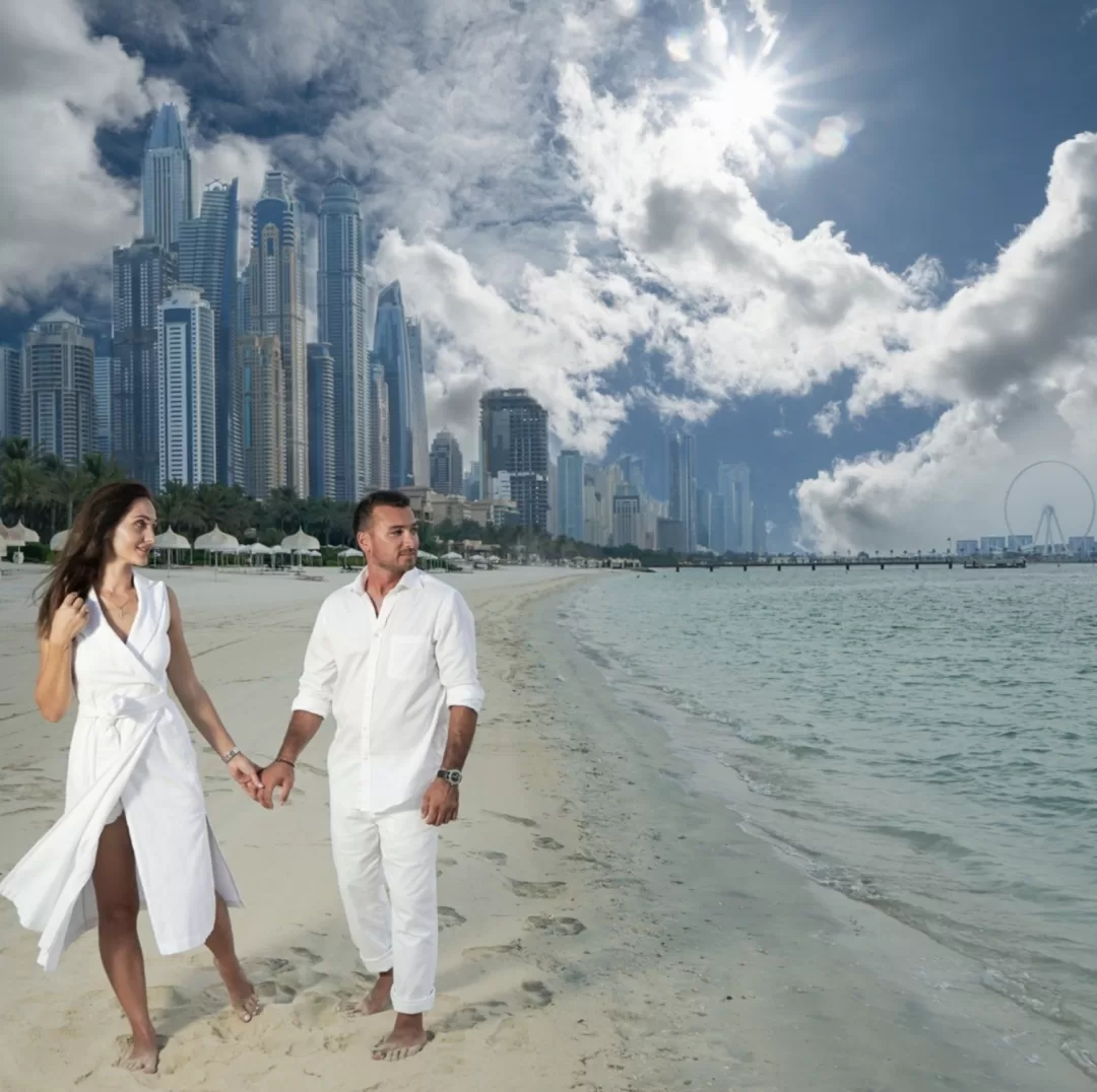 Just-engaged couple walking by the beach after proposal — romantic photoshoot in Dubai